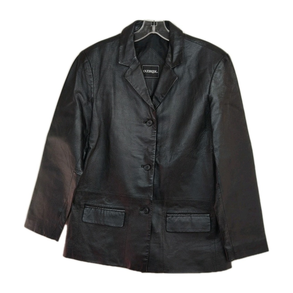 OutBrook Leather Jacket Women's S Black‎ Button-Up Point Collar Pockets